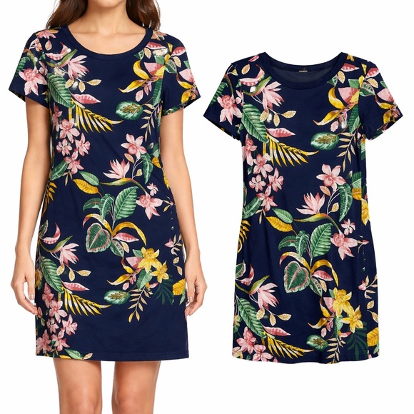 Old Navy Dresses & Skirts - Old Navy Womens Navy Blue Tropical Floral Cotton Modal T-Shirt Dress Knit Small